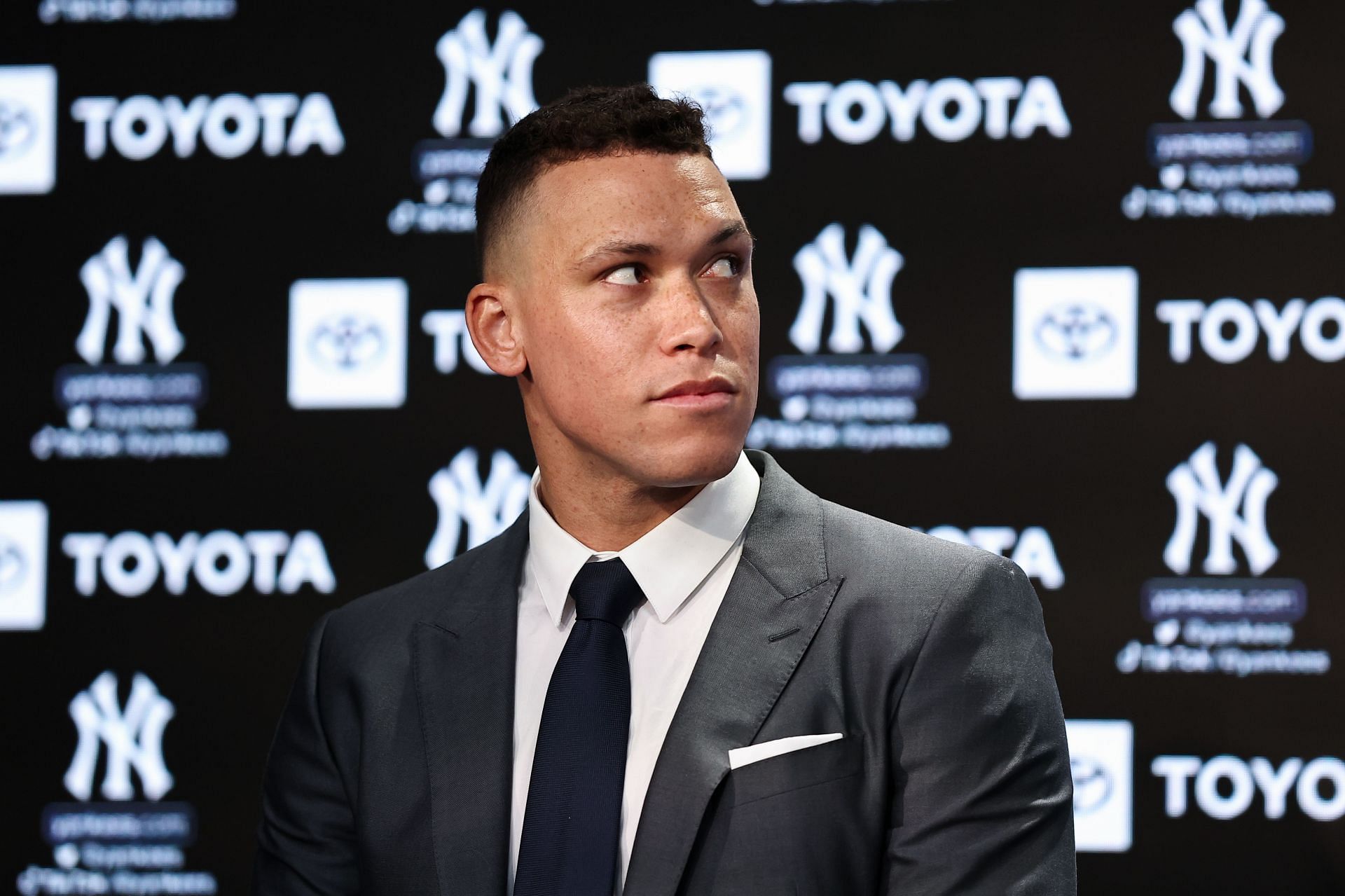 Aaron of the New York Yankees looks on during a press conference at Yankee Stadium.