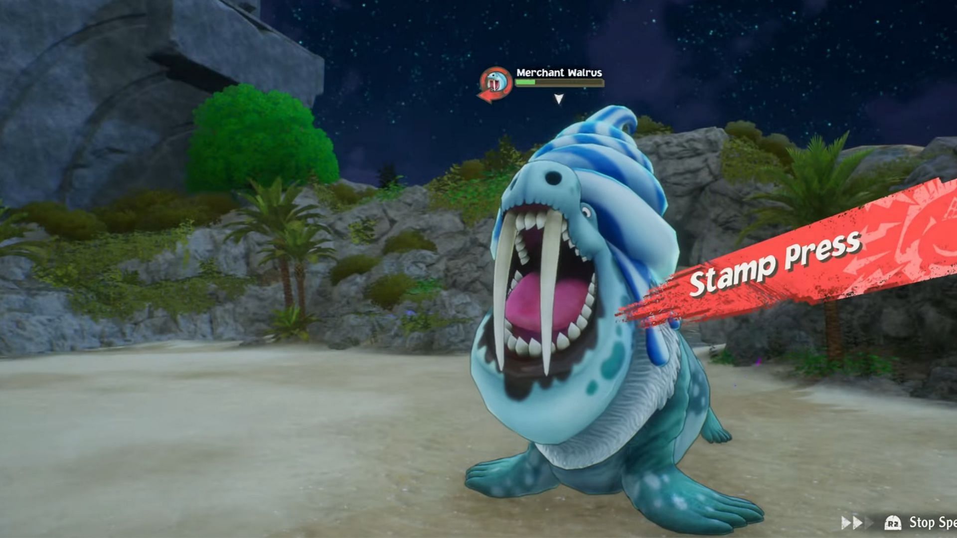 Merchant Walrus&#039; Stamp Press attack (Image via Bandai Namco)