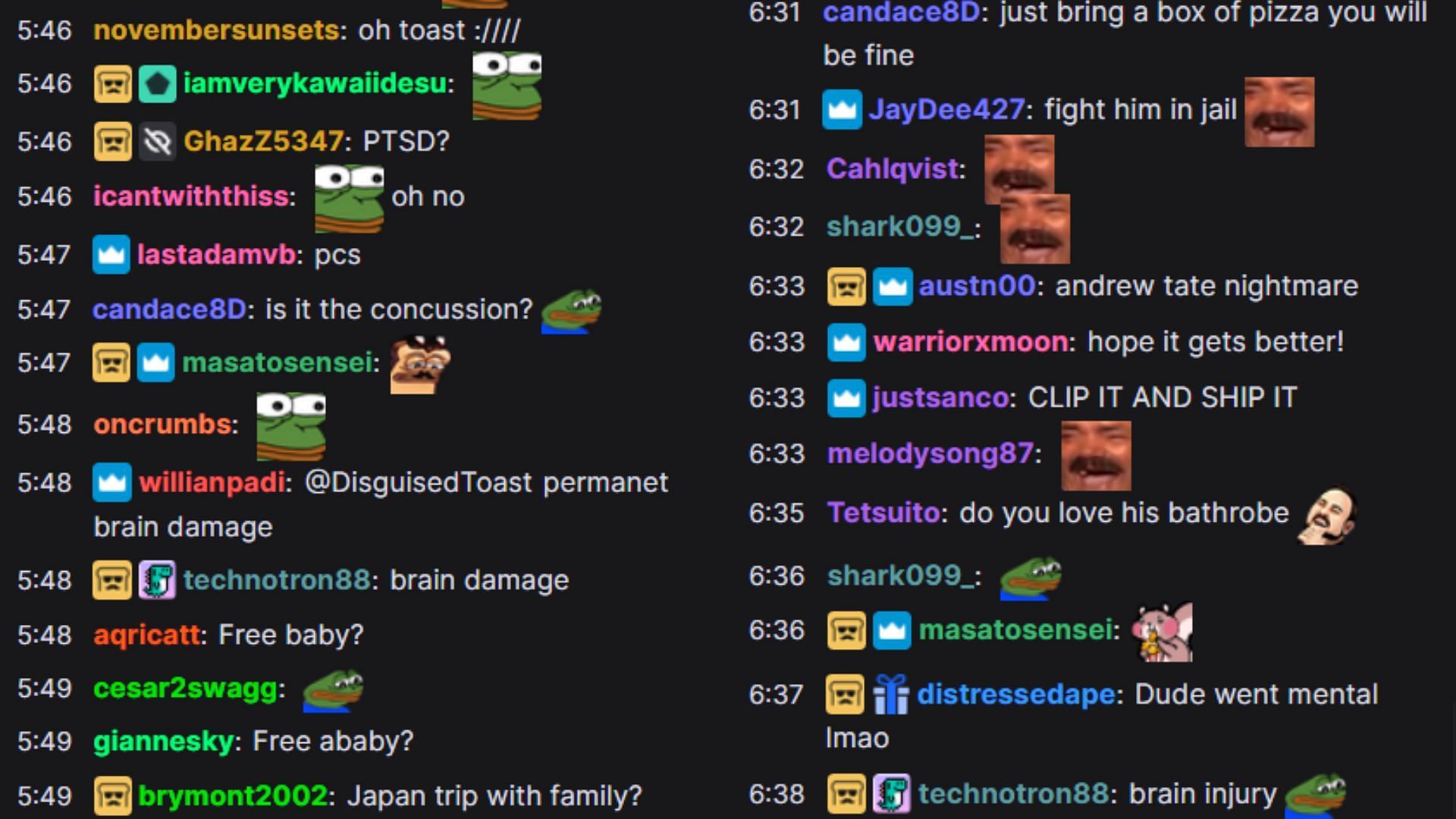 His chat reacting to his sleeping problem and Andrew Tate dream (Image via Disguised Toast/Twitch)