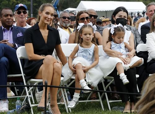 Hannah Jeter, wife of inductee Derek Jeter, attends the Baseball Hall of Fame induction ceremony with their children Bella and Story at Clark Sports Center on September 08, 2021 in Cooperstown, New York.