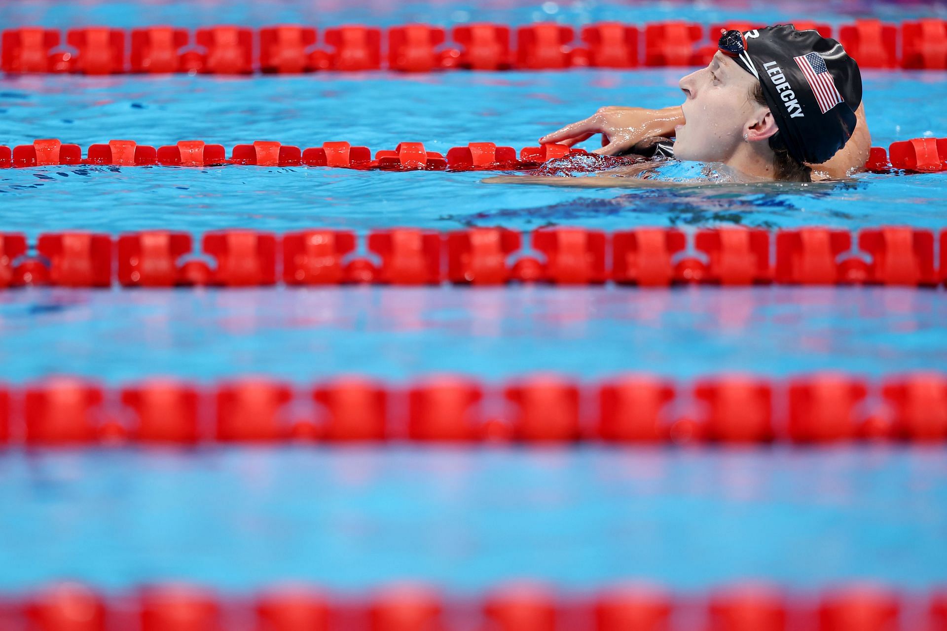 Gold medalist Katie Ledecky reacts after competing in the Women&#039;s 800m Freestyle Final at Tokyo Aquatics Centre 