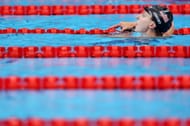 Gold medalist Katie Ledecky reacts after competing in the Women's 800m Freestyle Final at Tokyo Aquatics Centre