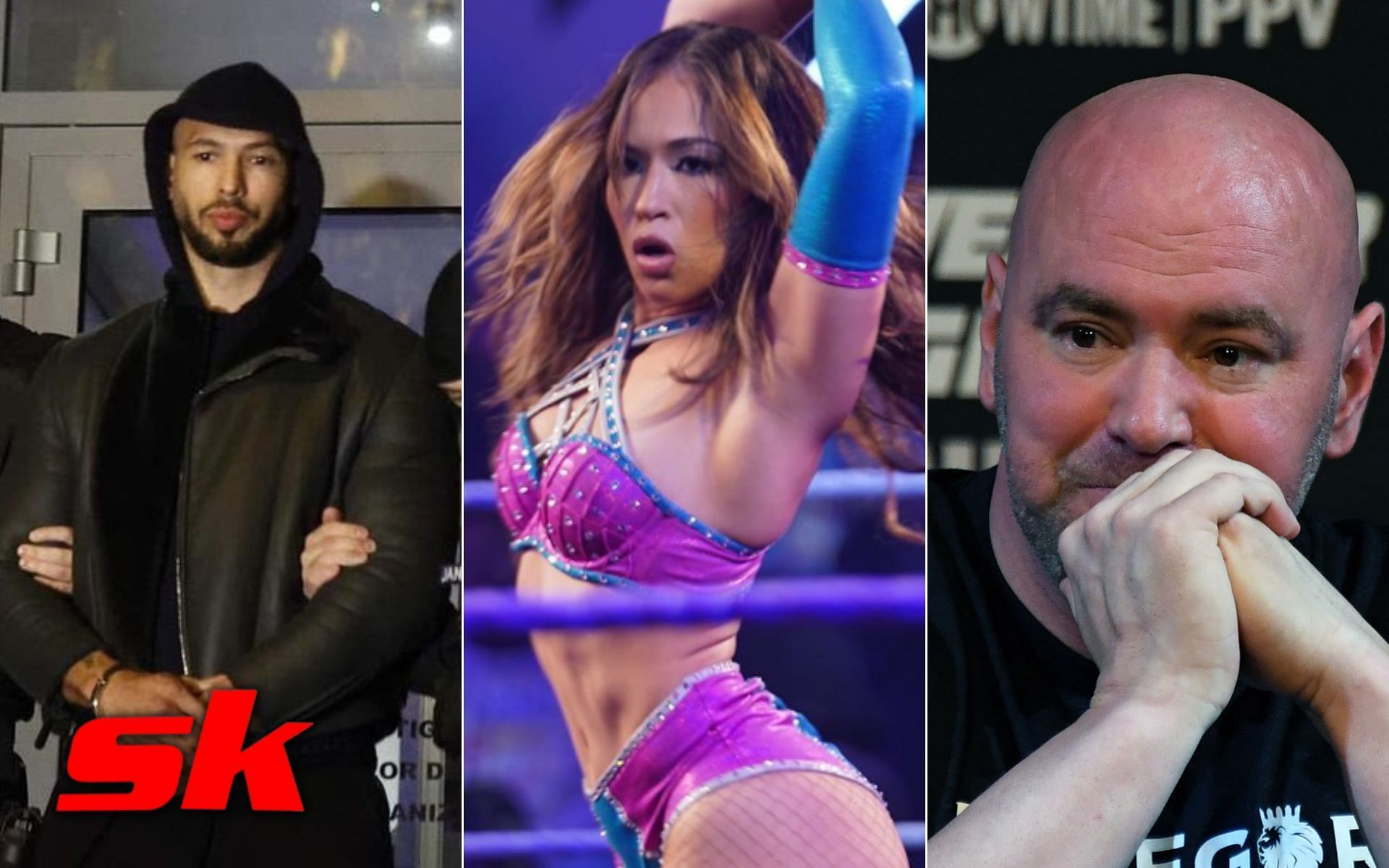 Andrew Tate (left - via @dexerto), Valerie Loureda (center - @olavicewwe), Dana White (right) 