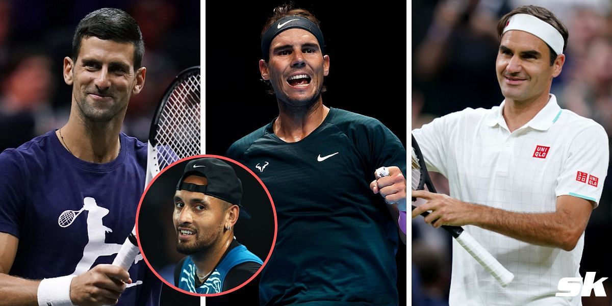 Nick Kyrgios (Inset), Novak Djokovic (L), Rafael Nadal and Roger Federer (R)