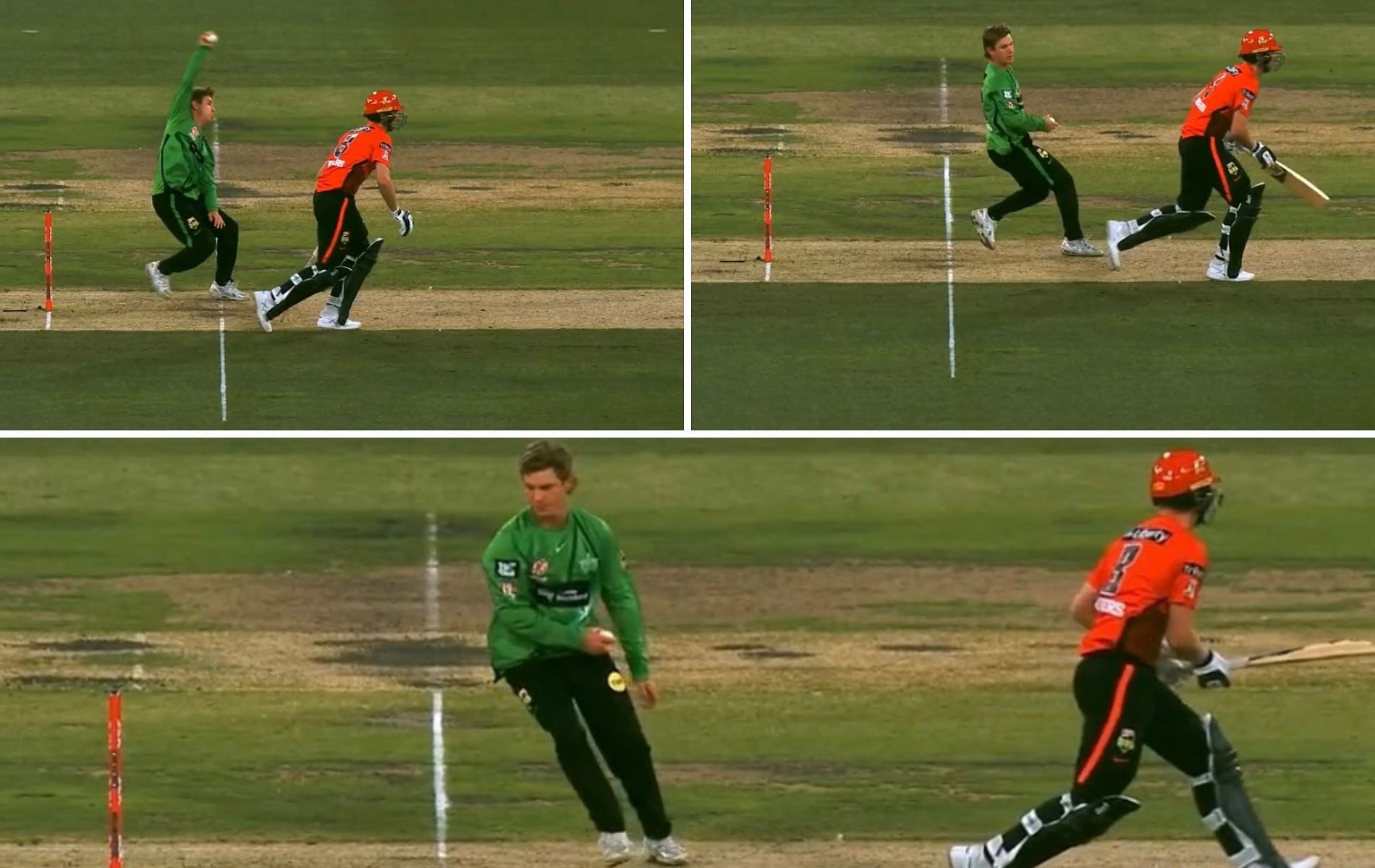 Adam Zampa had gone too far into his action before taking the bails off. (Pics: Twitter)