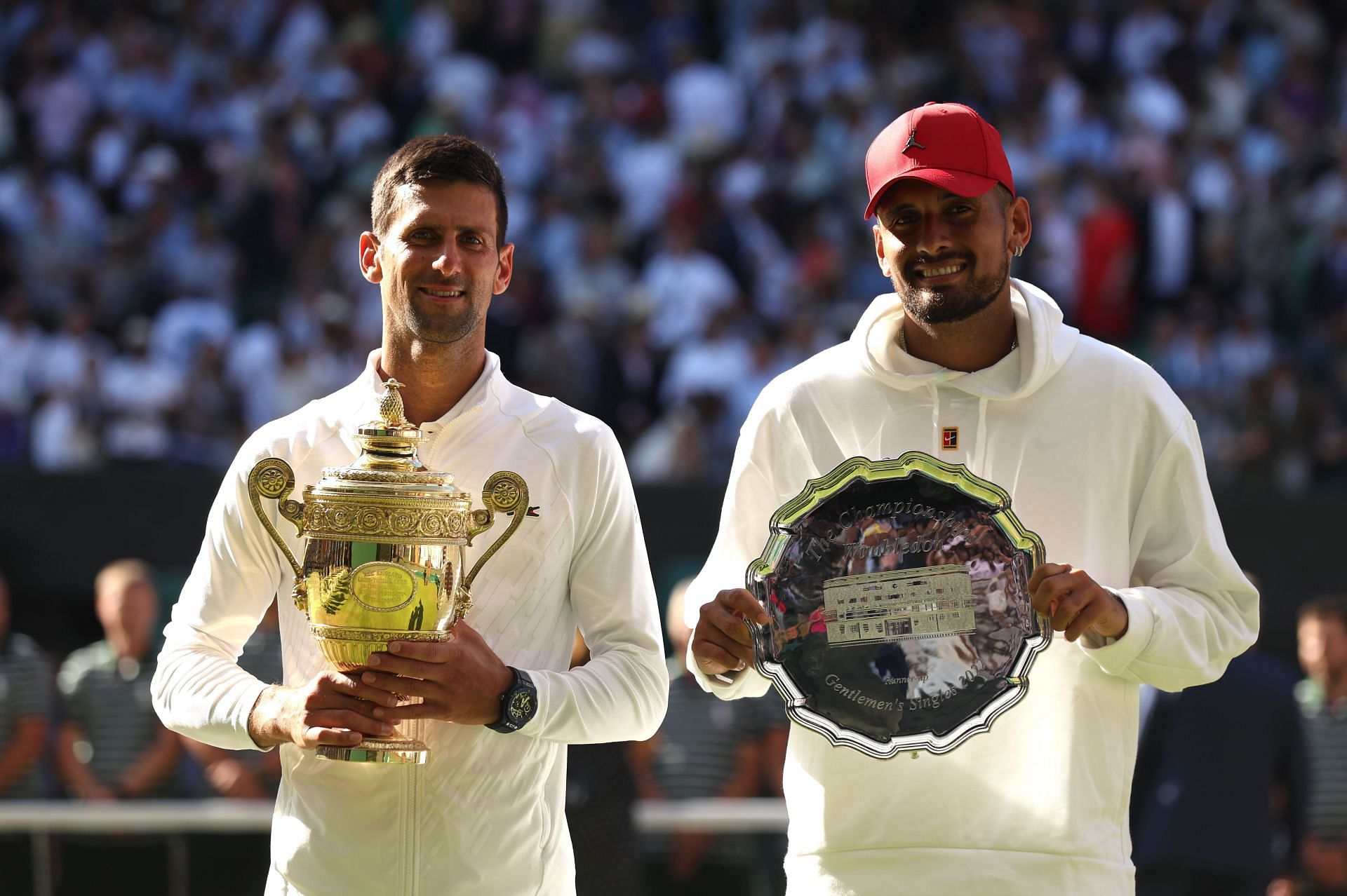 Novak Djokovic and Nick Kyrgios pictured at the 2022 Wimbledon Championships.