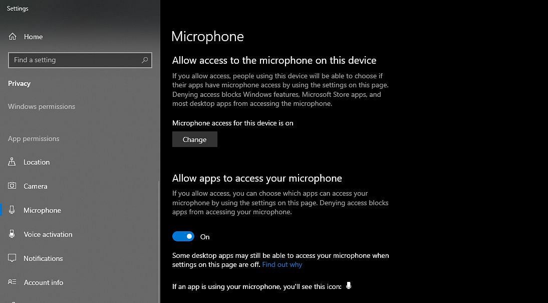 Allowing the microphone permission in Windows (Image via Microsoft)