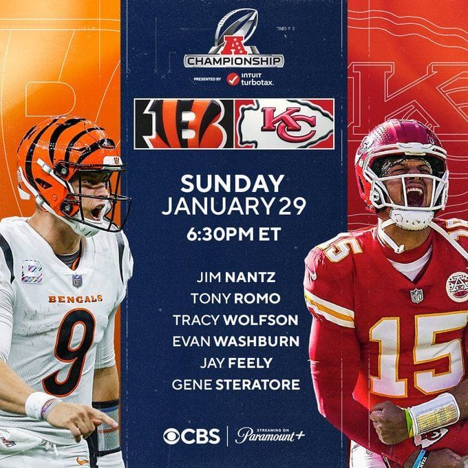 Who are the BengalsChiefs football game announcers for today on CBS