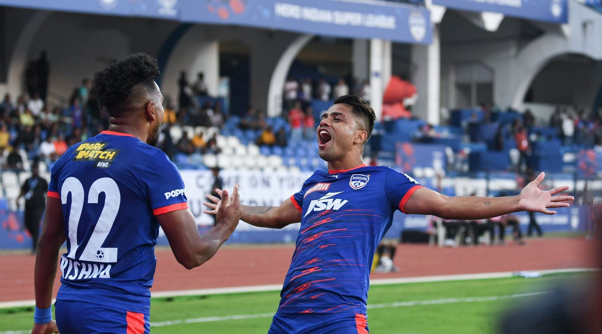 Roy Krishna and Prabir Das celebrating their goal for Bengaluru FC.