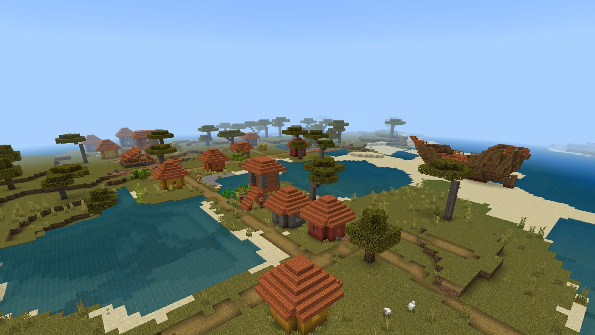 A village close to spawn in this seed has some unusual neighbors (Image via Mojang)