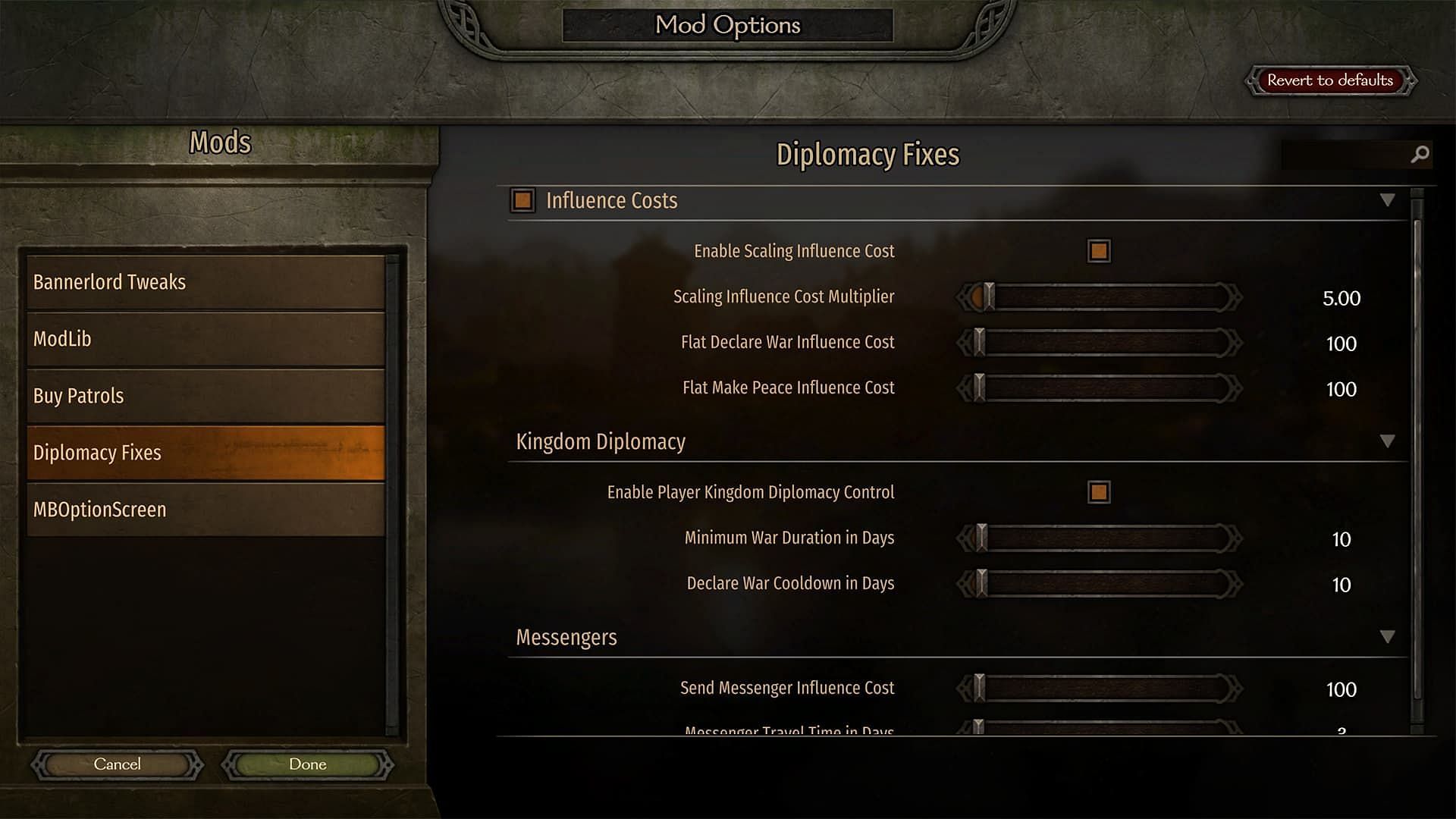 The Diplomacy mod provides several options to tweak it (Image via Nexus Mods website)
