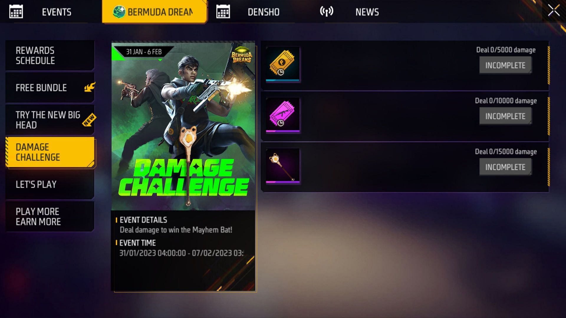 Here are the requirements for the new Damage Challenge event in the game (Image via Garena)