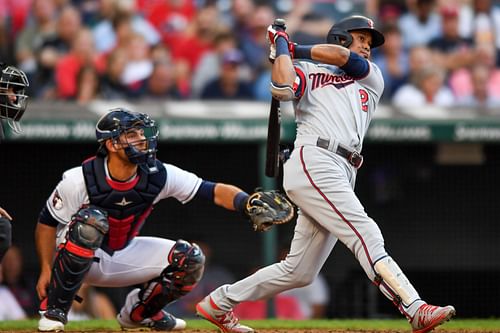 Luis Arráez #2 of the Minnesota Twins hits an RBI double in the third inning of game two of a doubleheader against the Cleveland Guardians at Progressive Field on June 28, 2022, in Cleveland, Ohio.