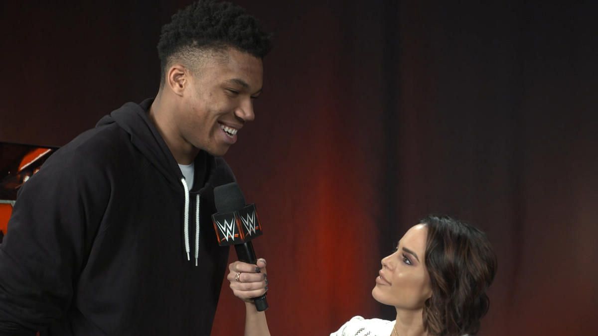Giannis Antetokounmpo getting interviewed in WWE backstage