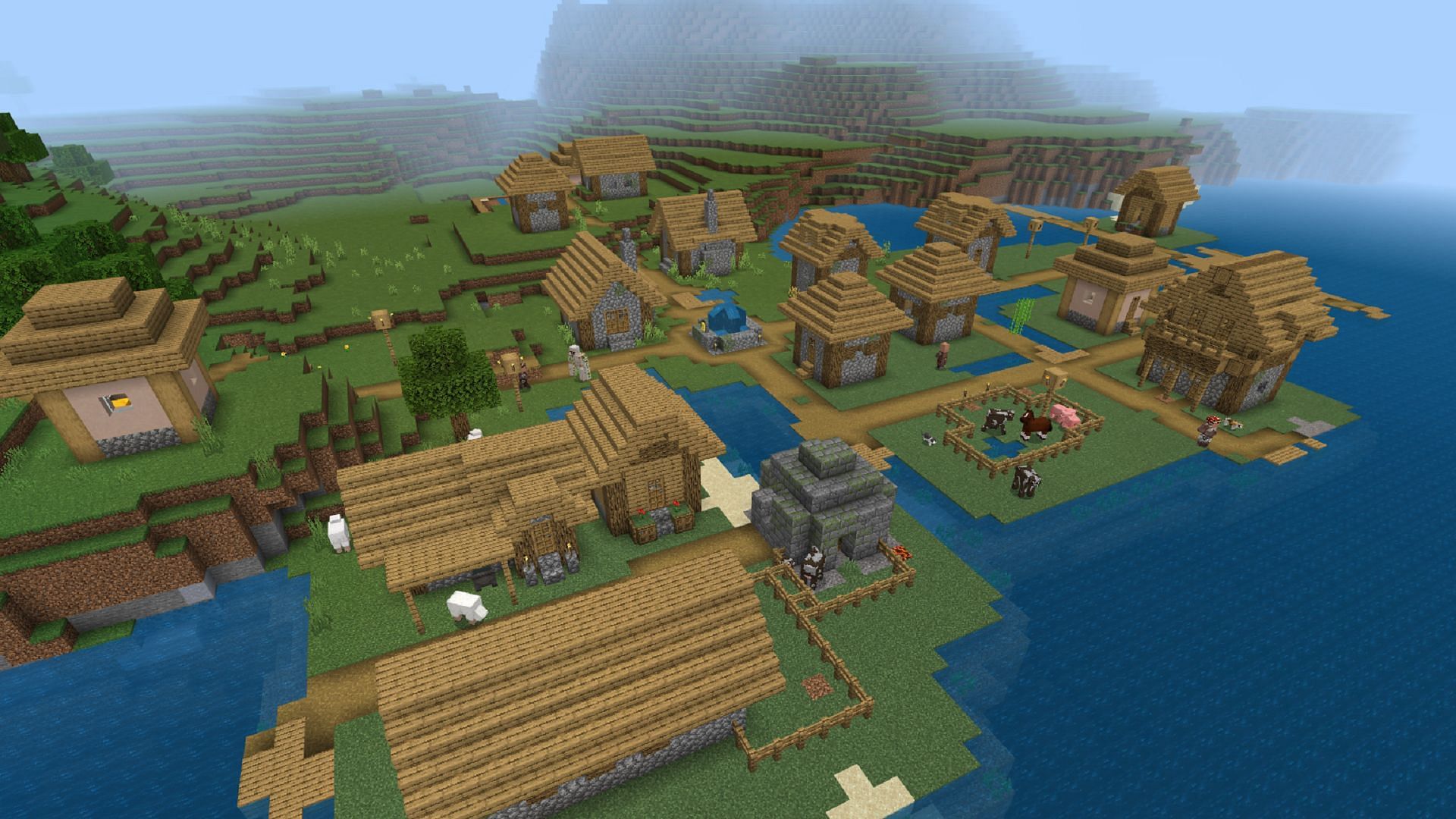 This Bedrock seed has a particularly interesting village if players are willing to travel to it (Image via Mojang)