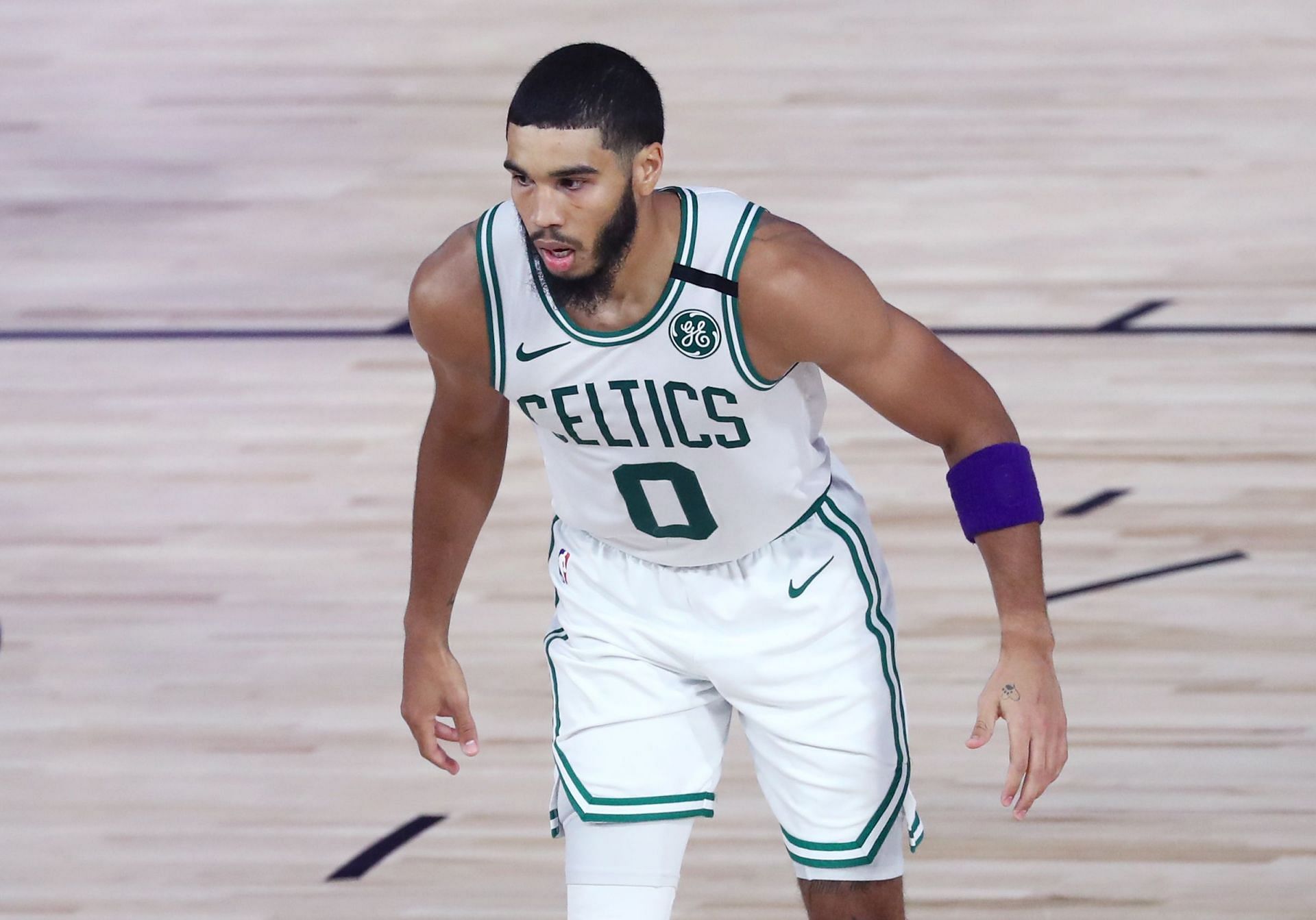 Jayson Tatum wears purple sweat band in honor of Kobe Bryant