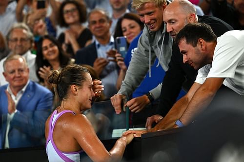 Aryna Sabalenka celebrates her 2023 Australian Open win with her team