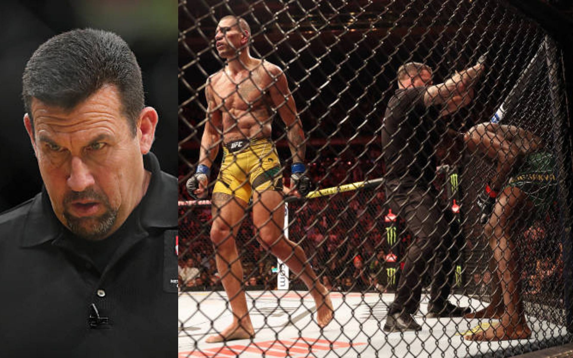 John McCarthy (left); Israel Adesanya defeated by Alex Pereira at UFC 281 (right)