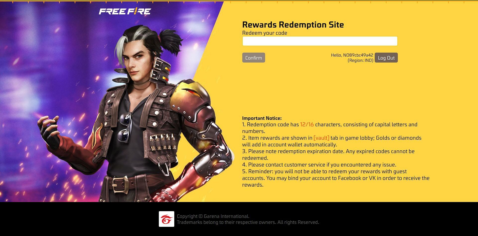 Free Fire Redemption Site (Image by Garena)