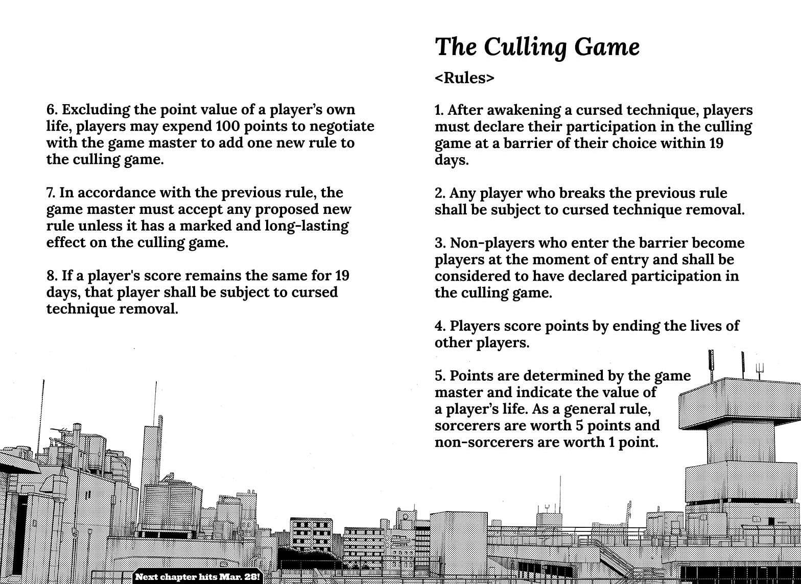 Culling Game rules as seen in Jujutsu Kaisen 143 (Image via Gege Akutami/Shueisha)