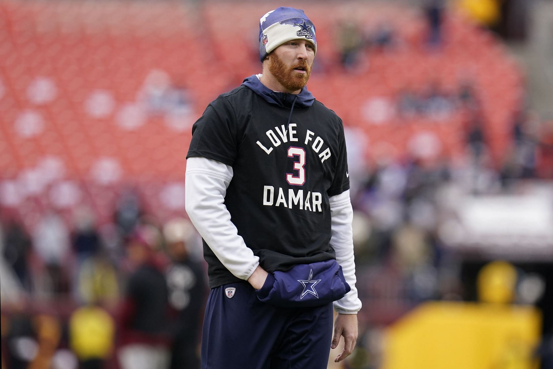 Cooper Rush of the Dallas Cowboys wears a shirt in support of Buffalo Bills safety Damar Hamlin prior to the game against the Washington Commanders