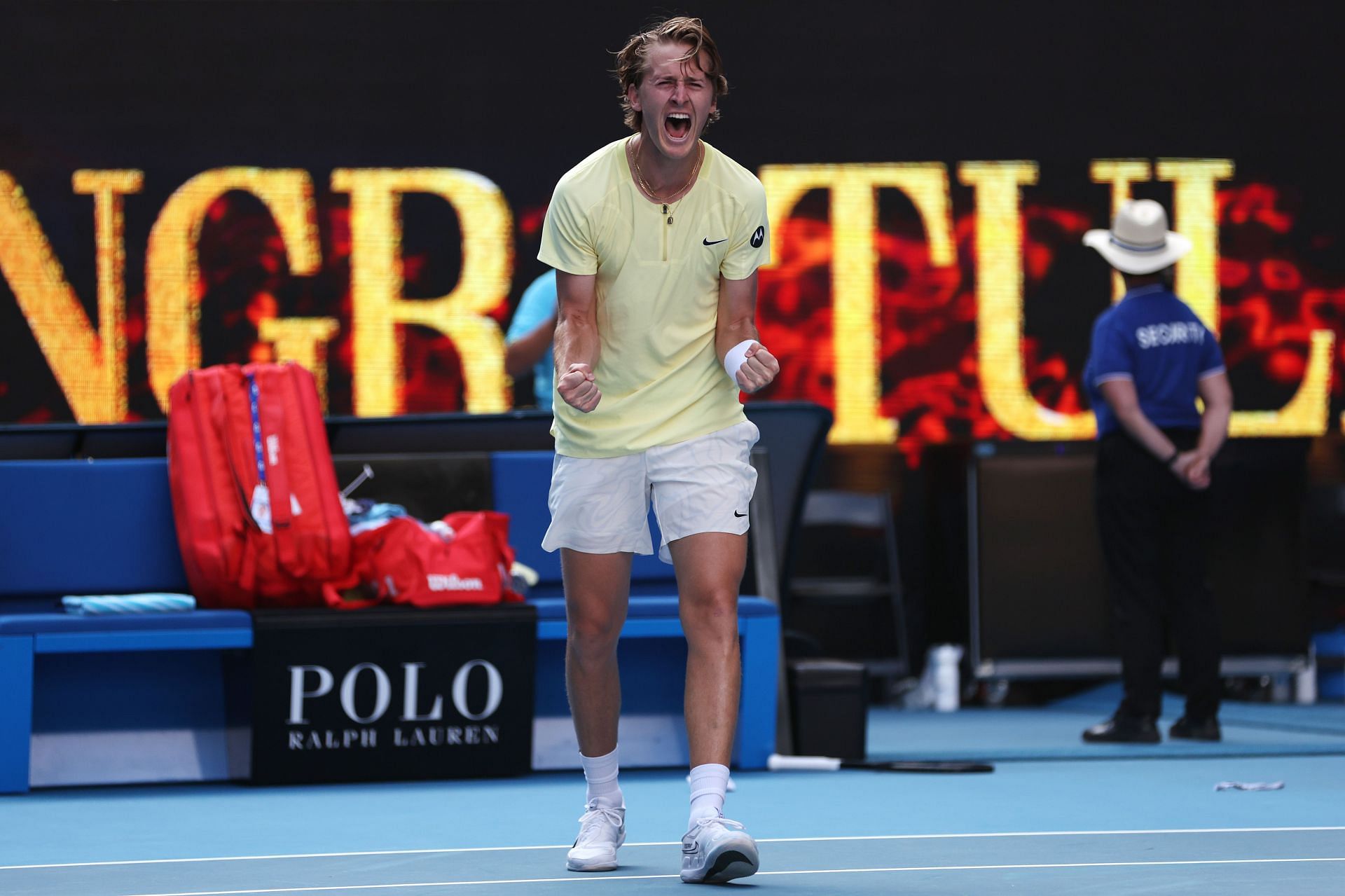 Sebastian Korda celebrates his victory over Hubert Hurkacz in the fourth round of the Australian Open