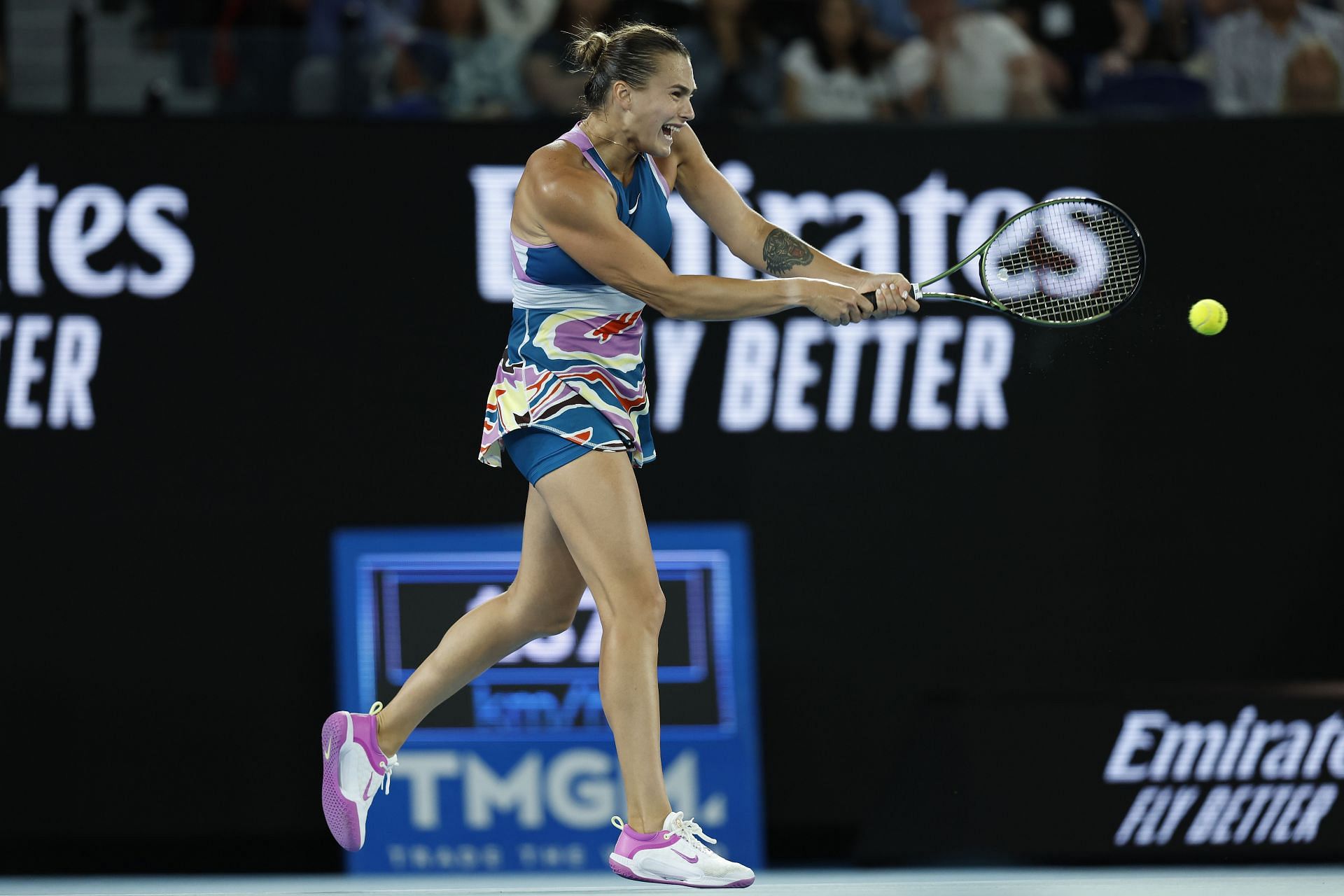 Aryna Sabalenka hits a backhand at the 2023 Australian Open finals