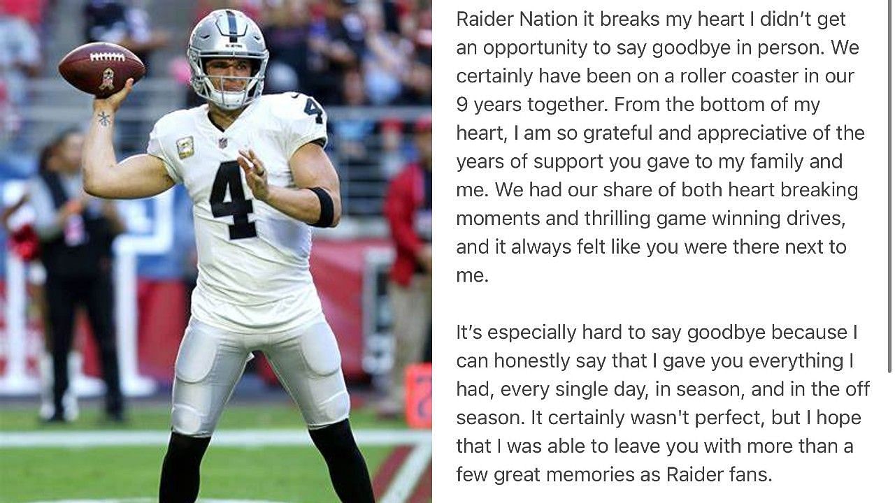Derek Carr addressed his future in the NFL with a goodbye message to his longtime Raiders fans. 