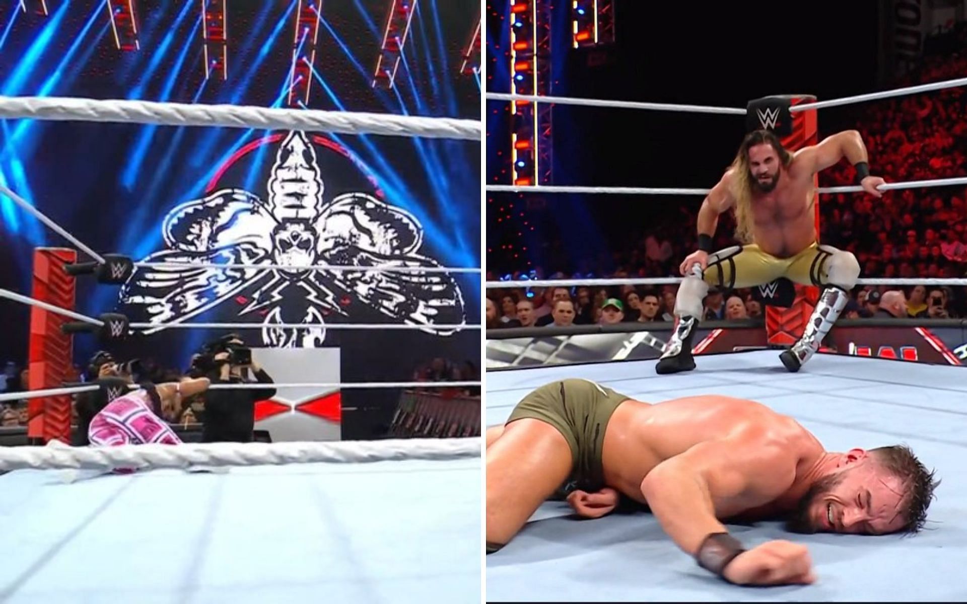 Firefly logo (left); Seth Rollins &amp; Austin Theory on RAW (right)