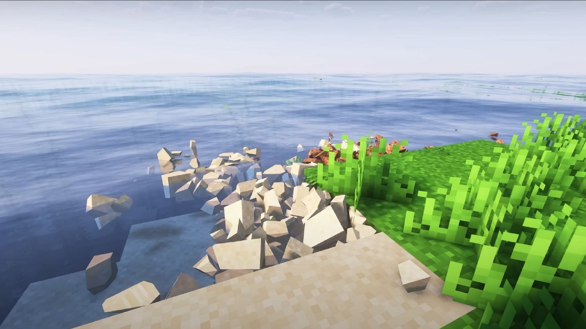 Block shards fall into the water in the Minecraft Physics mod (Image via Hodilton/YouTube)