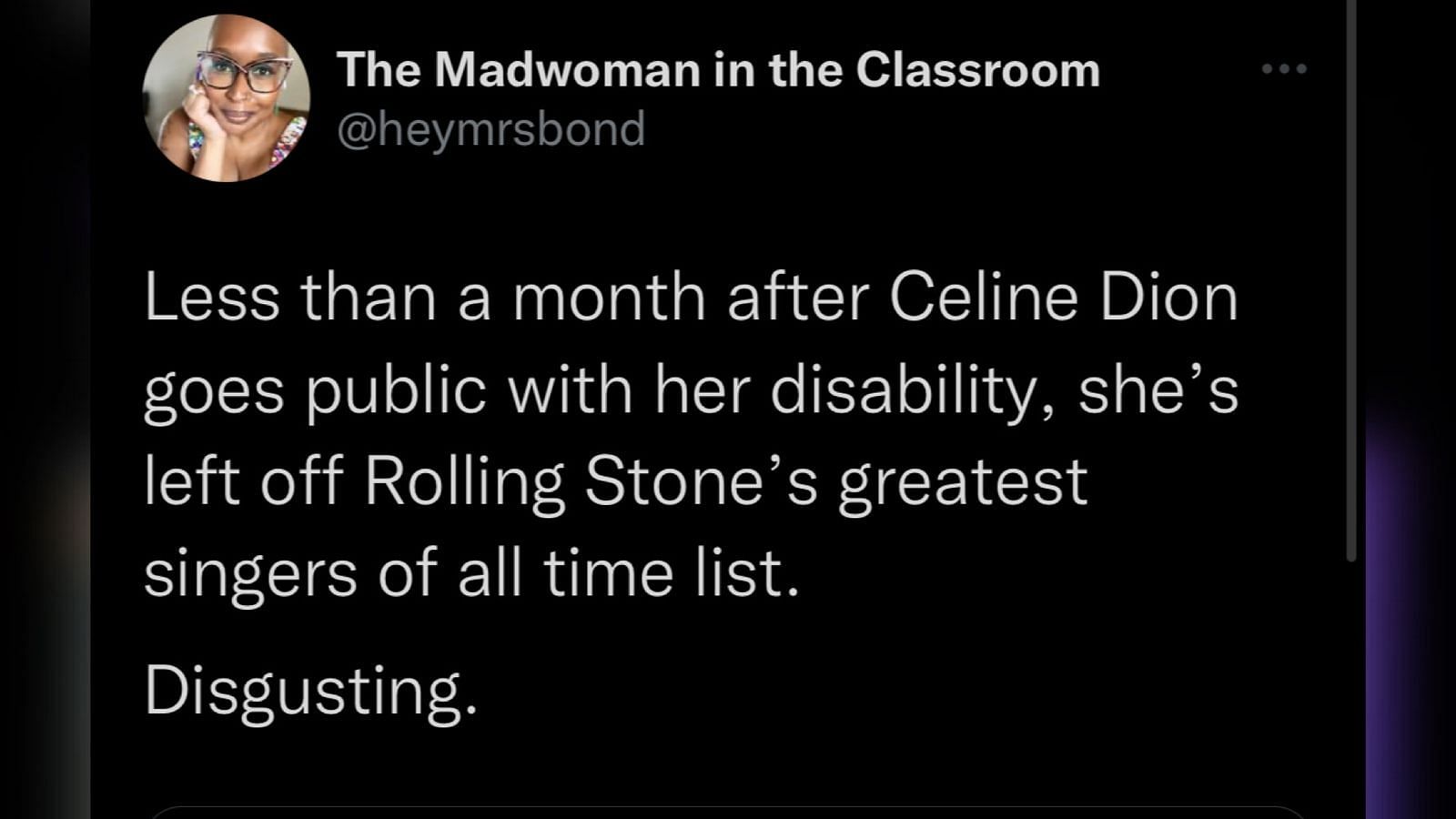 Screenshot of a Twitter user criticizing Rolling Stone&#039;s new list. (Image via @heymrsbond/Twitter)