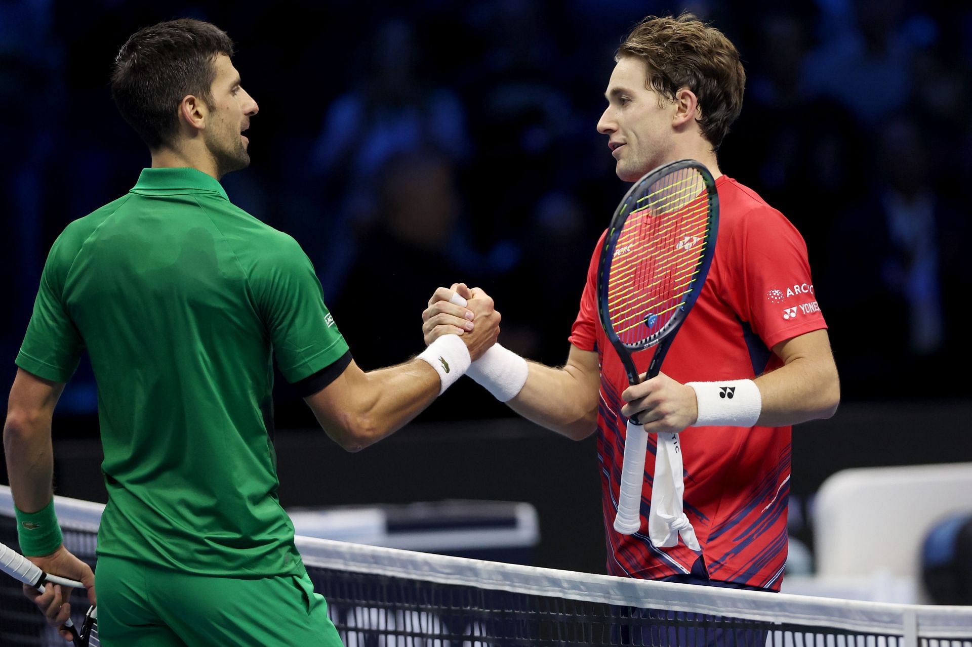 Novak Djokovic and Casper Ruud during the Nitto ATP Finals