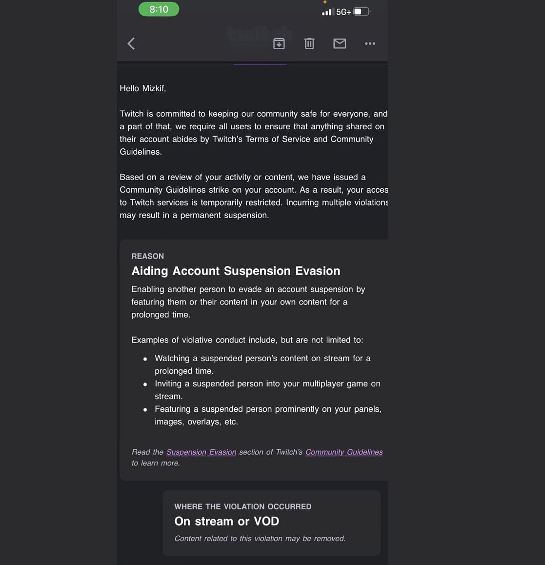 Official Twitch email explaining the content creator&#039;s second suspension (Image via Sportskeeda)