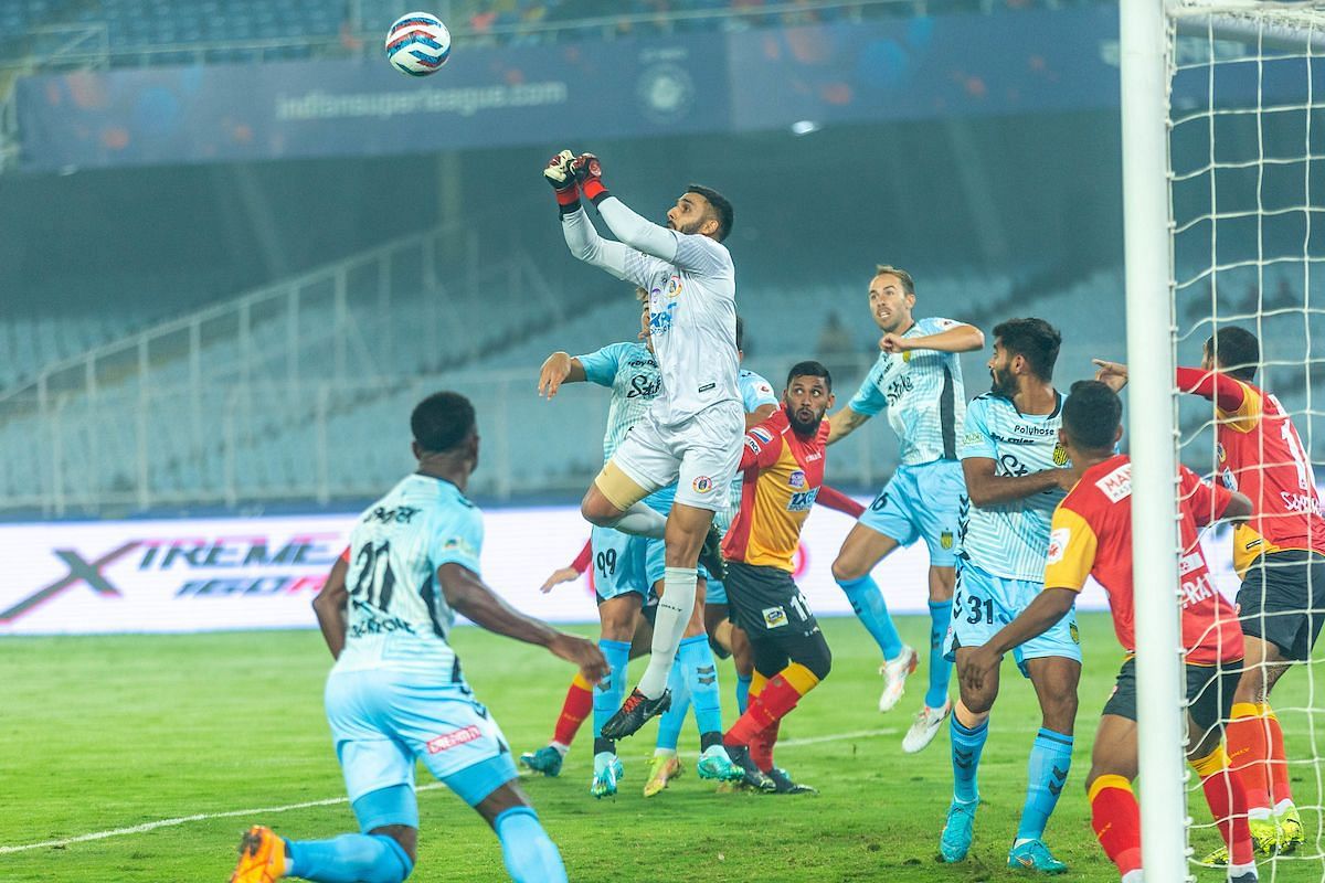 Kamaljit Singh Goalkeeper of East Bengal FC saves a goal at the match against HFC.