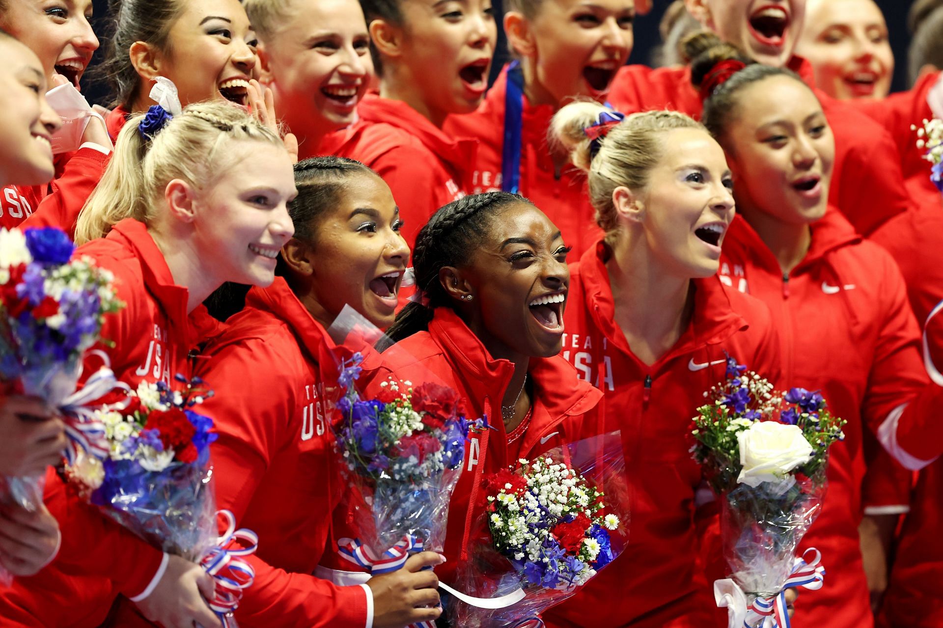 (L-R) Jade Carey, Jordan Chiles, Simone Biles, Mykayla Skinner and Sunisa Lee, pose following the Women&#039;s competition of the 2021 U.S. Gymnastics Olympic Trials at America&rsquo;s Center on June 27, 2021 in St Louis, Missouri. (Photo by Carmen Mandato/Getty Images)