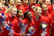 (L-R) Jade Carey, Jordan Chiles, Simone Biles, Mykayla Skinner and Sunisa Lee, pose following the Women's competition of the 2021 U.S. Gymnastics Olympic Trials at America’s Center on June 27, 2021 in St Louis, Missouri. (Photo by Carmen Mandato/Getty Images)