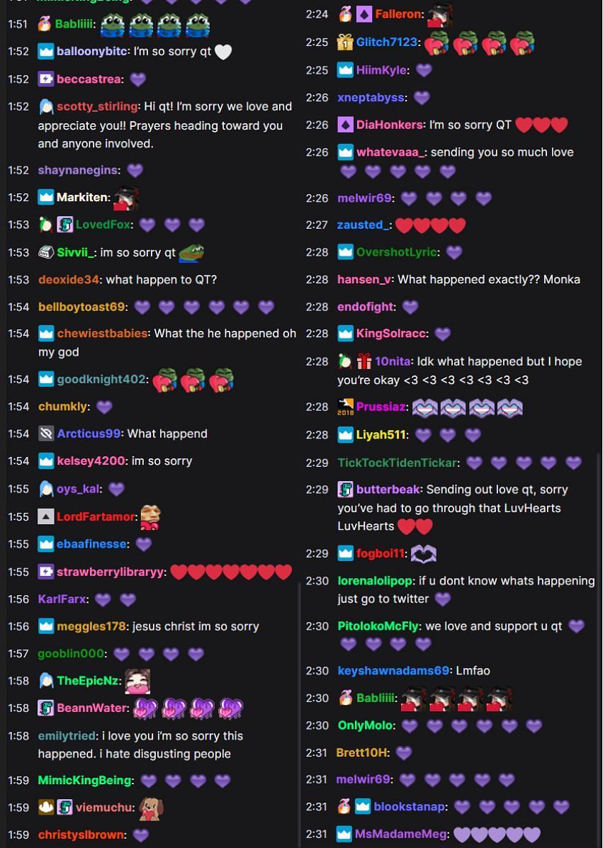 Fans in the Twitch chat reacting to the streamer&#039;s address (Image via QTCinderella/Twitch)