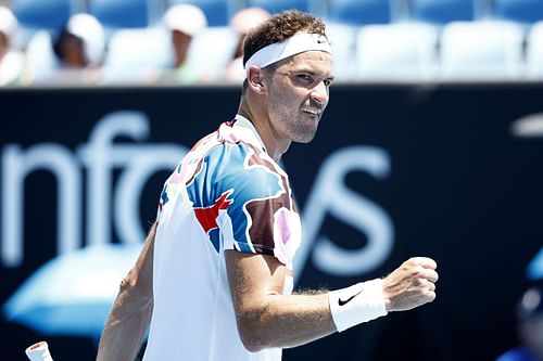 Grigor Dimitrov celebrates a point against Aslan Karatsev at the 2023 Australian Open