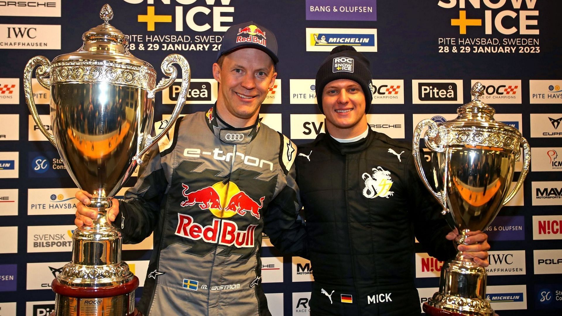 2023 Race of Champions winner Mattias Ekstr&ouml;m (Left) with second-placed Mick Schumacher (Right) (Image via Twitter/@RaceOfChampions)