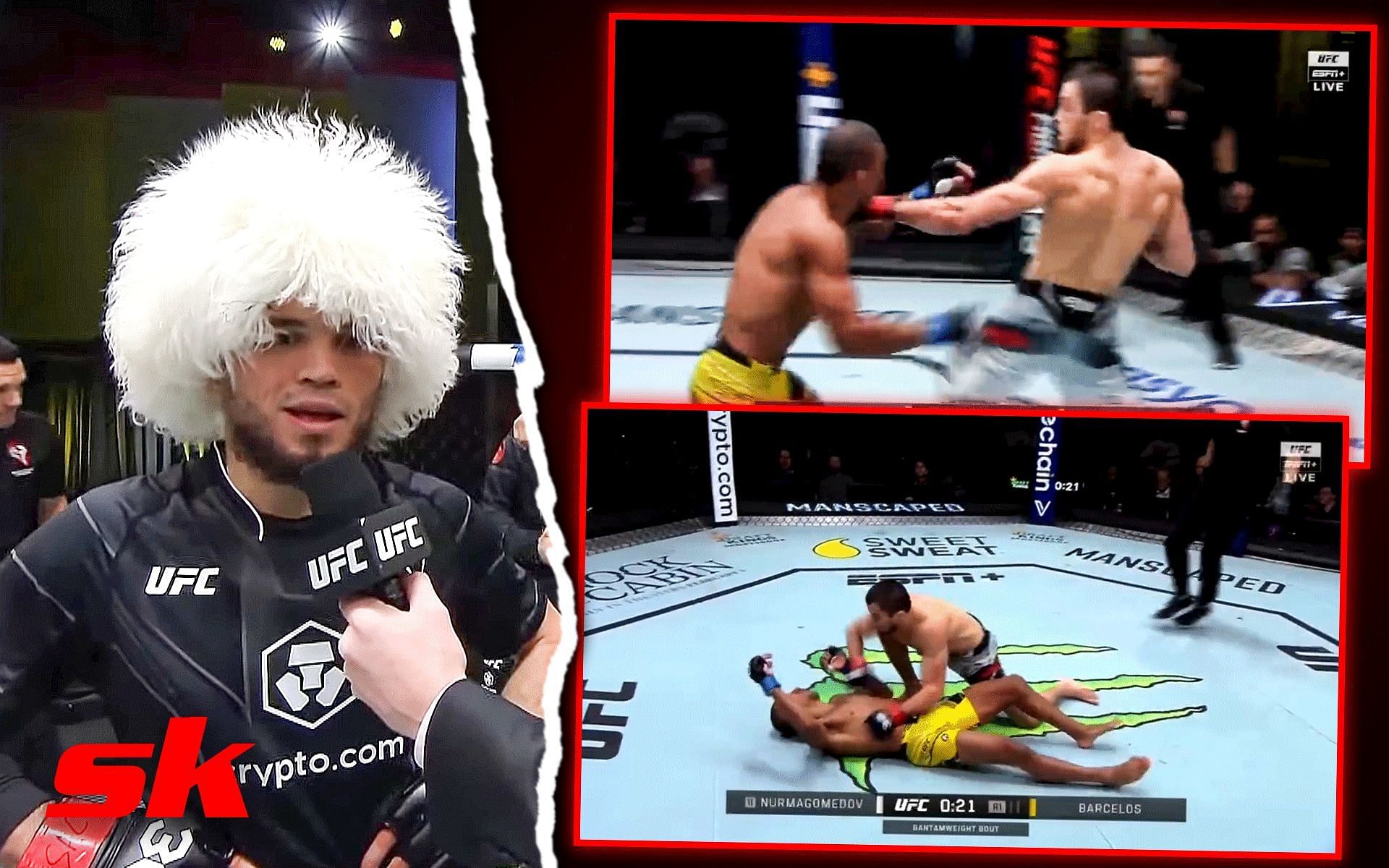 Umar Nurmagomedov (Left), Umar Nurmagomedov vs Raoni Barcelos (Right) [Image courtesy: @Shak_Fu on Twitter, @UFC on YouTube]