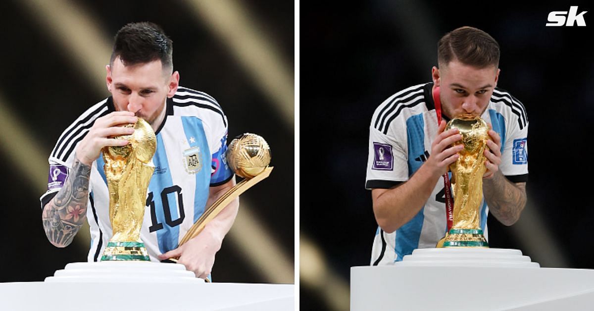 El capitán argentino Lionel Messi reacciona cuando Brighton le da la bienvenida a Alexis Mac Allister después de ganar la Copa Mundial de la FIFA 2022