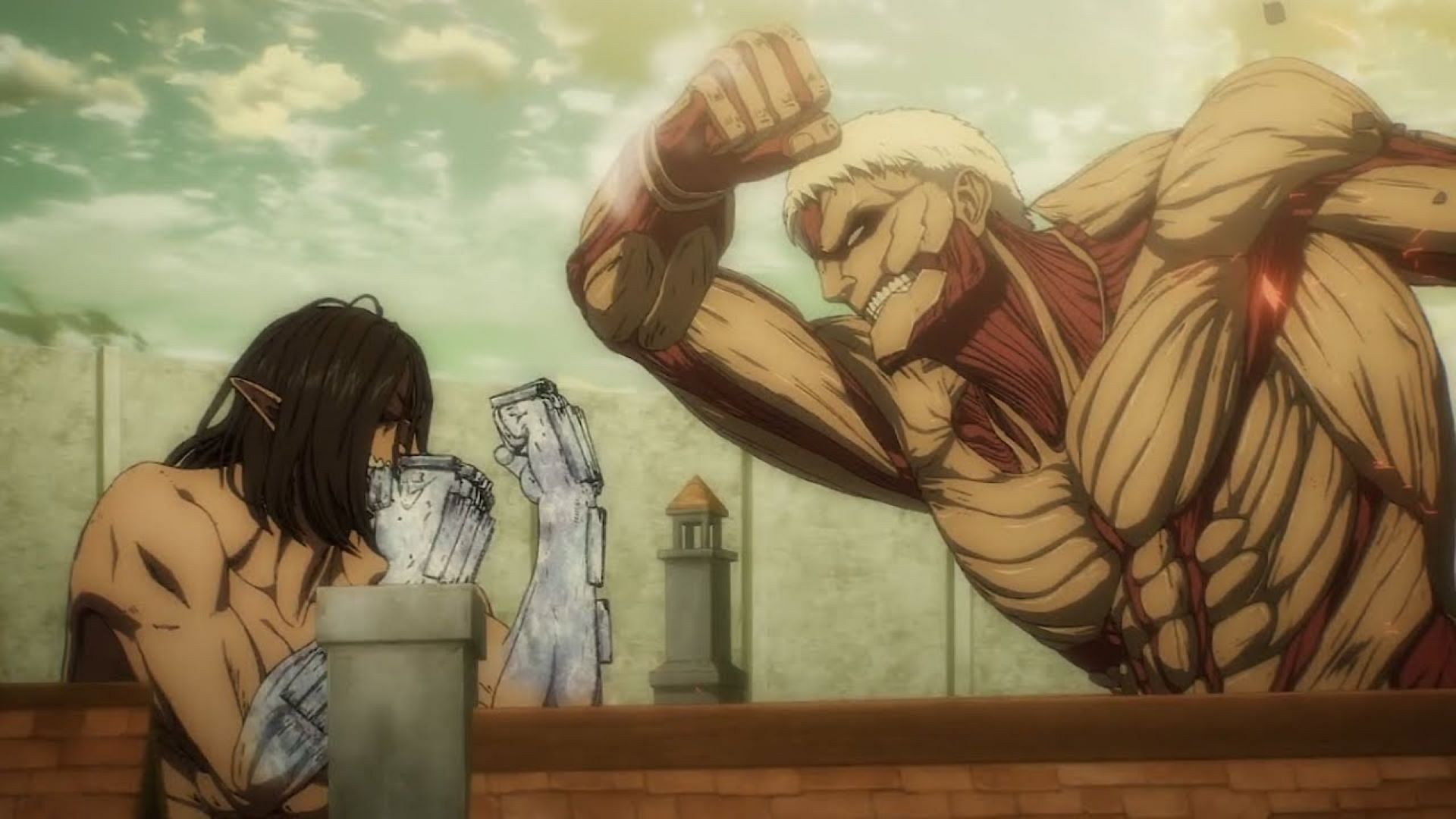 Eren vs. Reiner, Round 2 in Attack on Titan&#039;s final season. (Image via Studio MAPPA)