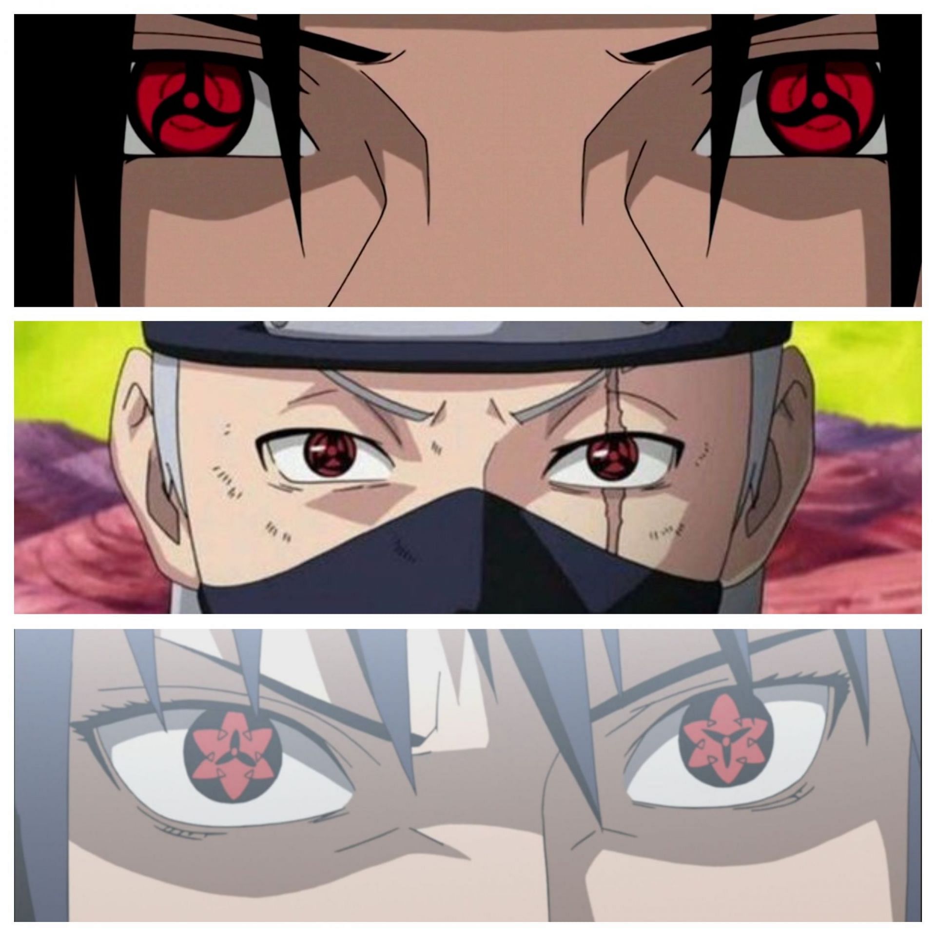 Itachi, Kakashi, and Sasuke with their respective Mangekyō Sharingan (Image via Pierrot Studios)