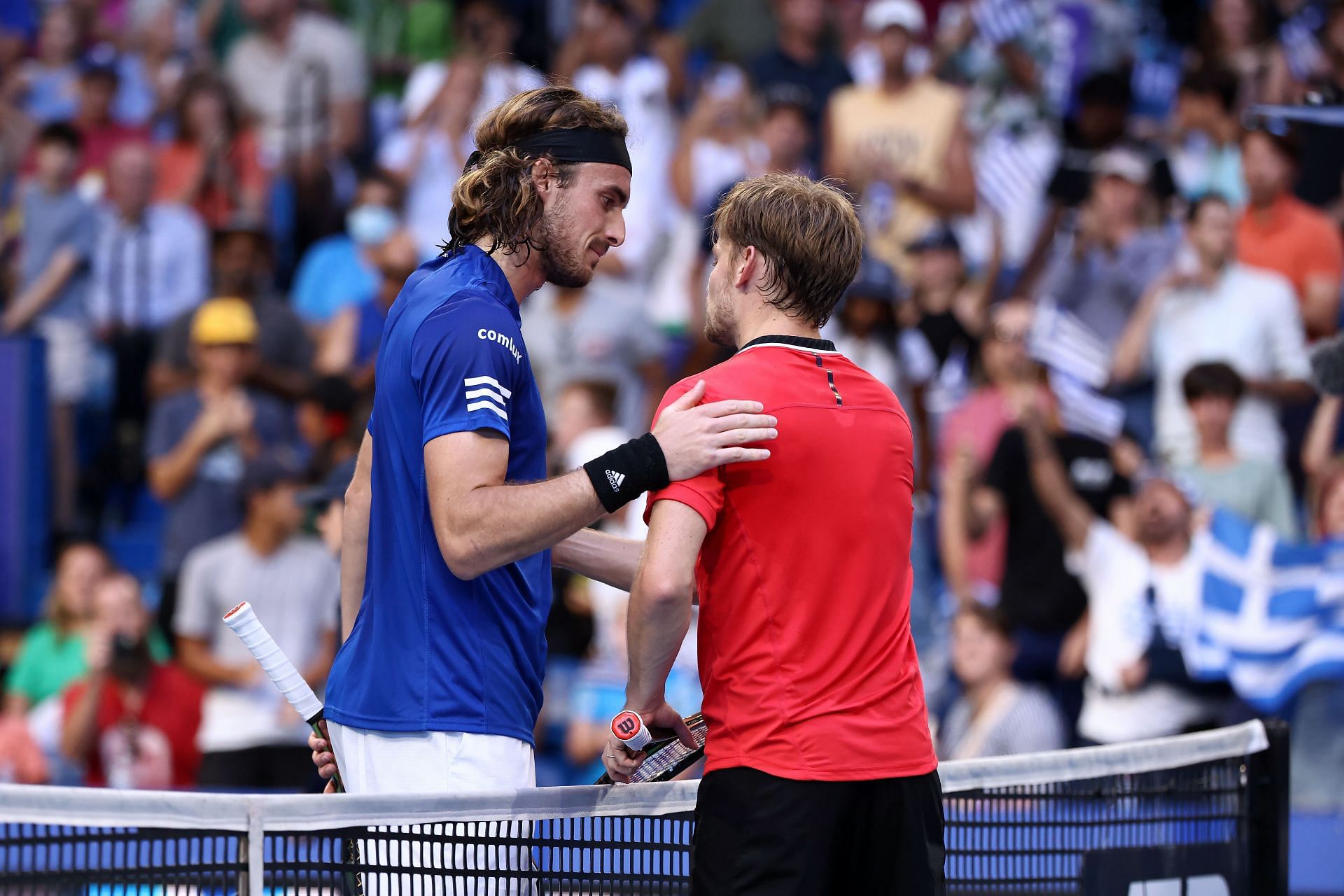 Stefanos Tsitsipas (L) after beating David Goffin at the 2023 United Cup.