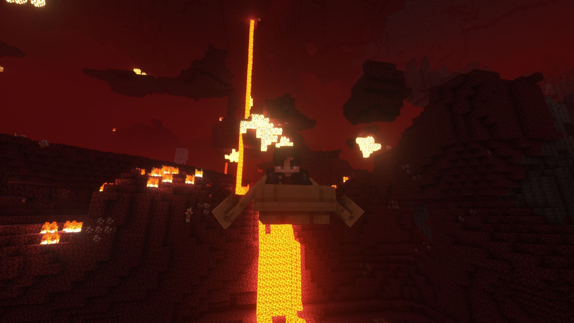 The player in a boat falling into the Nether dimension (Image via Mojang)