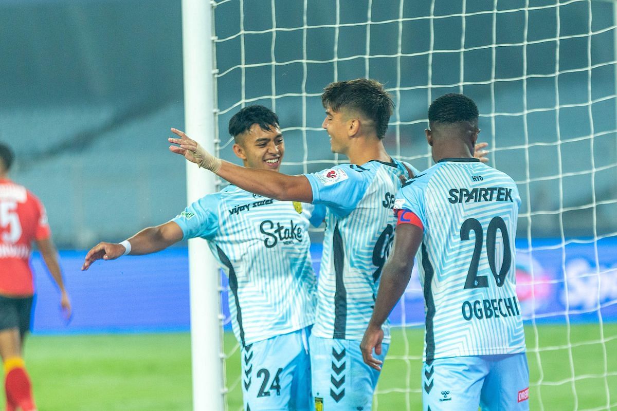 Javier Siverio of Hyderabad FC celebrates scoring goal against East Bengal FC.