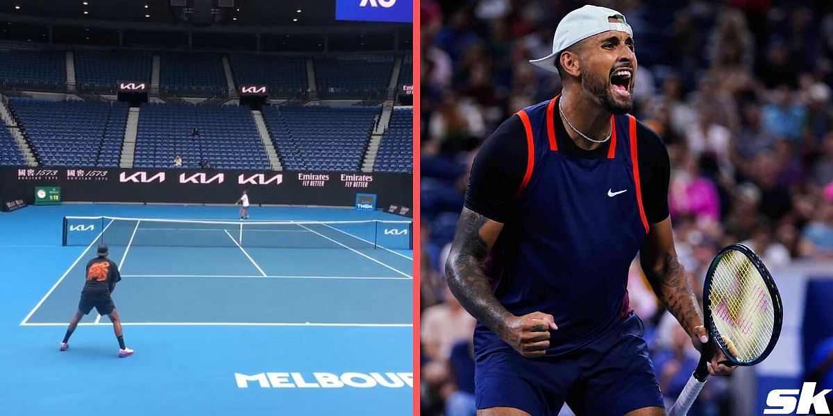 Nick Kyrgios hits the practice nets