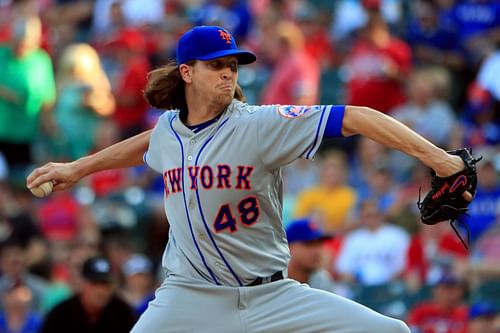 Jacob deGrom of the New York Mets pitches against the Texas Rangers in the bottom of the first inning at Globe Life Park in Arlington on June 6, 2017, in Arlington, Texas.