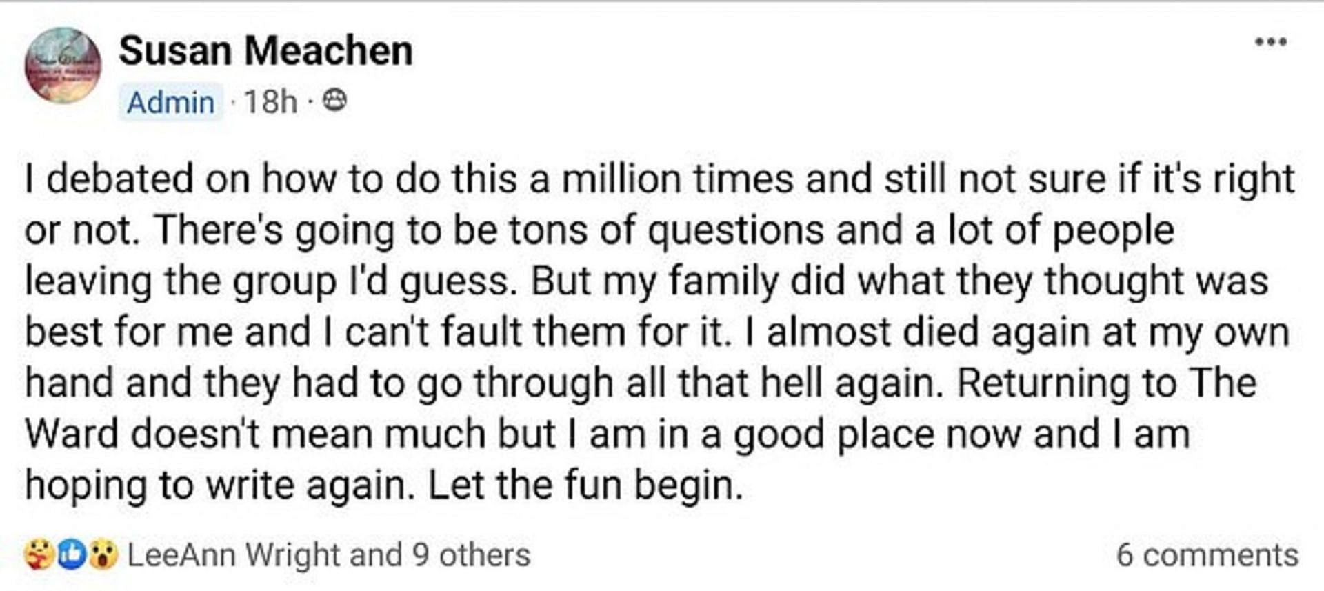 Susan Meachen announces she is very much alive in Facebook post (Image via Facebook)