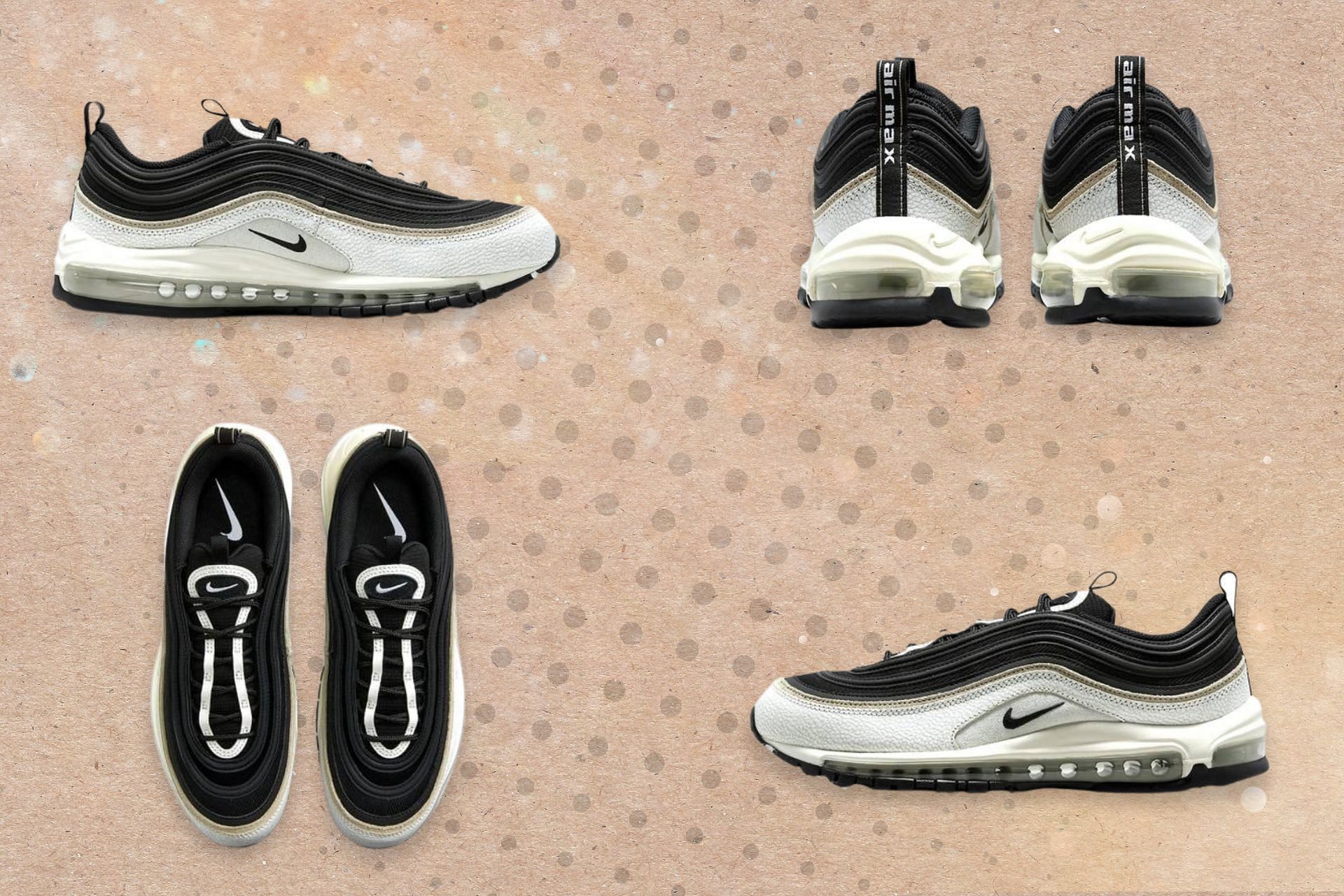 Here&#039;s a detailed look at the upcoming Nike Air Max 97 Black/White shoes (Image via Sportskeeda)